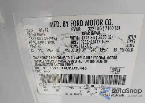 2012 Ford F-150 Xlt из США, поврежденный, VIN 1FTFW1CT6CKD33445